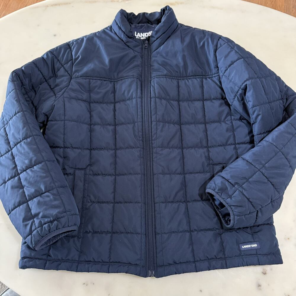 Lands End Mens XL 46-48 Navy Blue Quilted Puffer Jacket Coat Full Zip Outdoor
